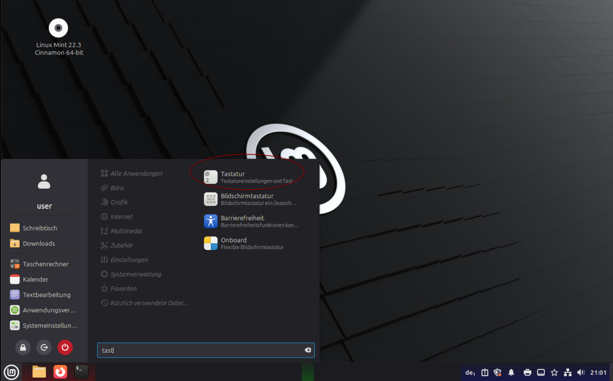 Suche nach &ldquo;Tastatur im Startmenu. Tastatur ist nur zum teil ausgeschrieben als &ldquo;tast&rdquo;. Das erste angezeigte Suchergebnis ist &ldquo;Tastur&rdquo;