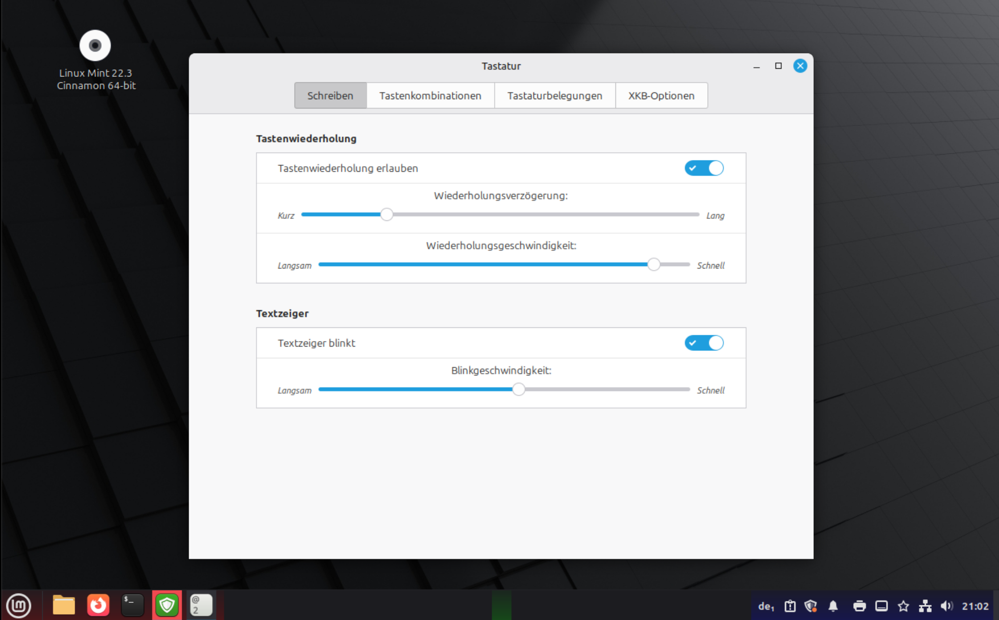 Das Programm &ldquo;Tasttur&rdquo; wird angzeigt als Schwebendes Fenster. Im Hintergrund sind noch der Dekstop und die untere Leiste von Mint zu sehen