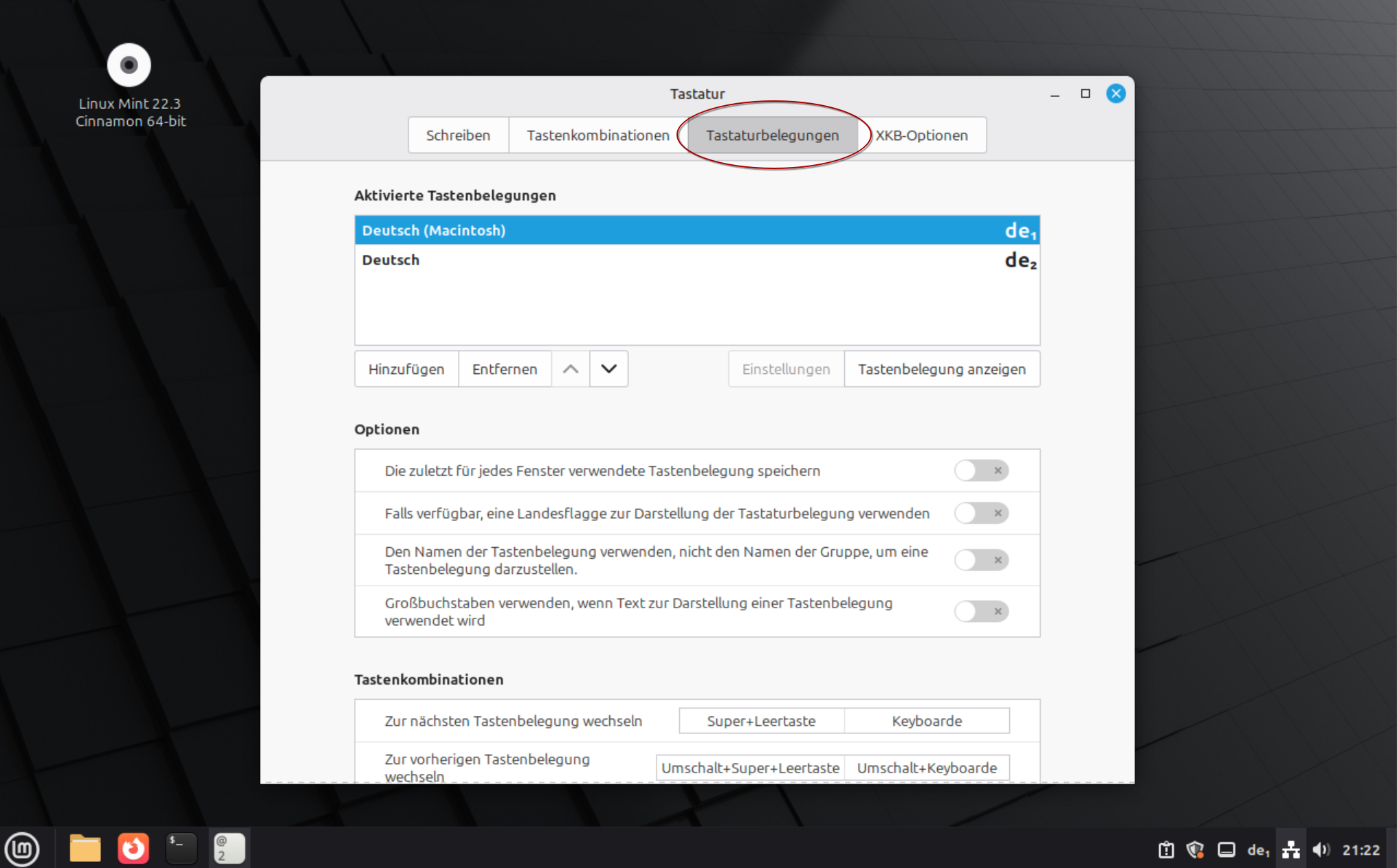 Das Programm zeigt nun den Reiter Tastturbelegung an. In den Reitern am oberen Rand ist das Knopf &ldquo;Tastturbelegung&rdquo; mit einer roten Ellipse umrandet.