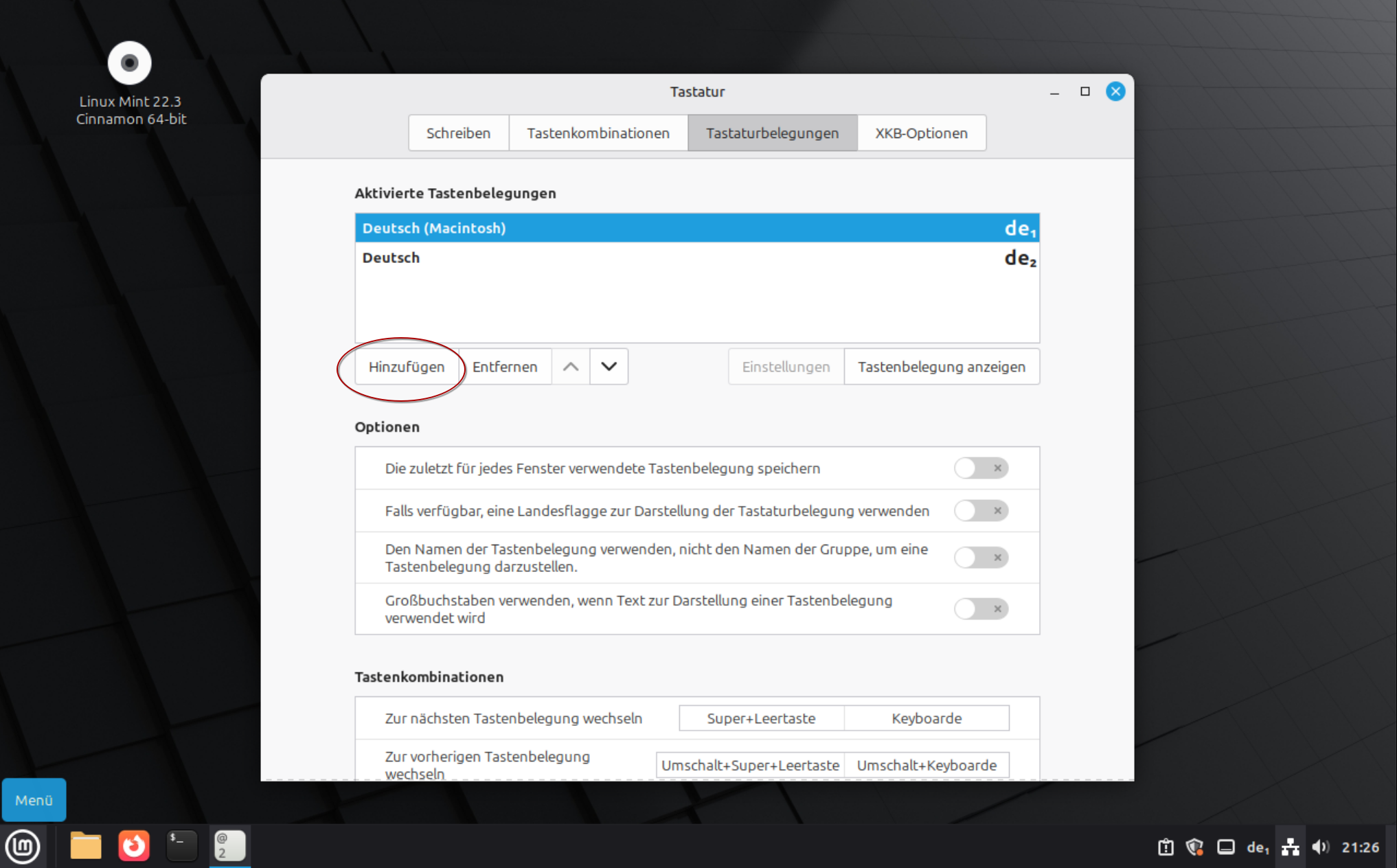 Ein rote Ellipse über &ldquo;Hinzufügen&rdquo; im Reiter für Tastaturbelegung