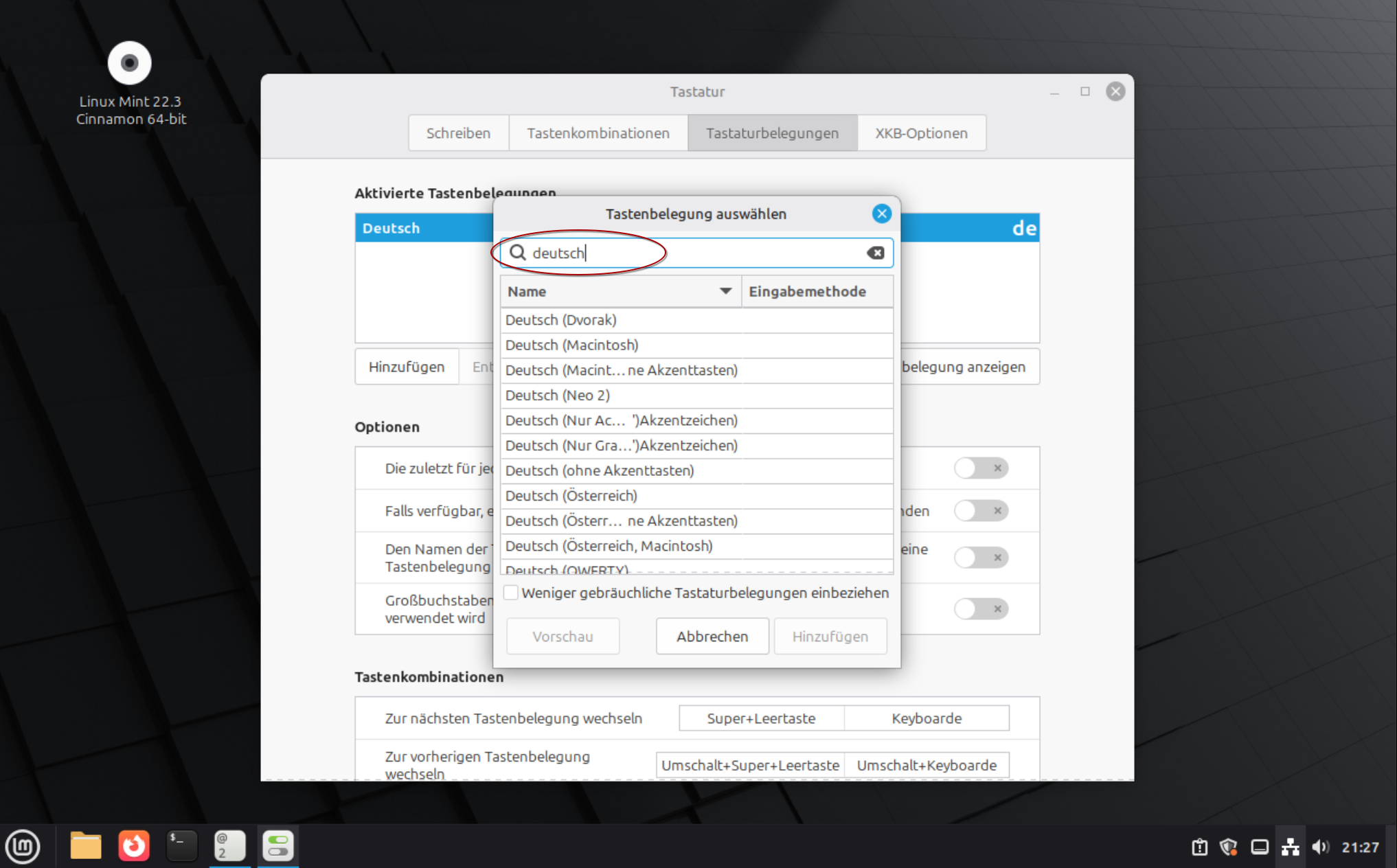 Eine Suchmaske für Tastaturbelegungen die über dem zuvor genannten Programm schwebt. Im Suchfeld wurde &ldquo;deutsch&rdquo; eingegeben.
