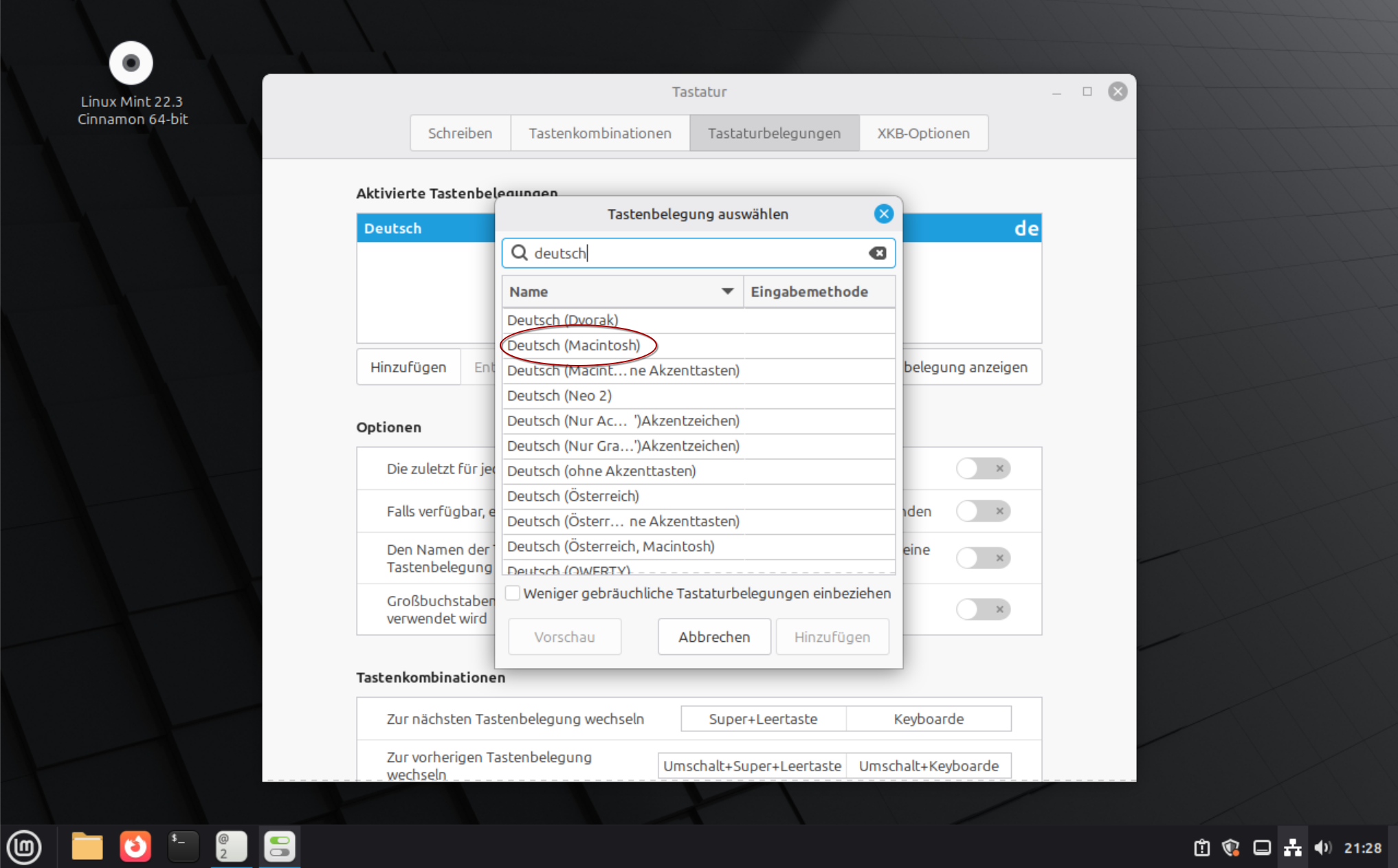 Eine Suchmaske für Tastaturbelegungen die über dem zuvor genannten Programm schwebt. Im Suchfeld wurde &ldquo;deutsch&rdquo; eingegeben. Macintosh ist mit einer roten Ellipse umrandet