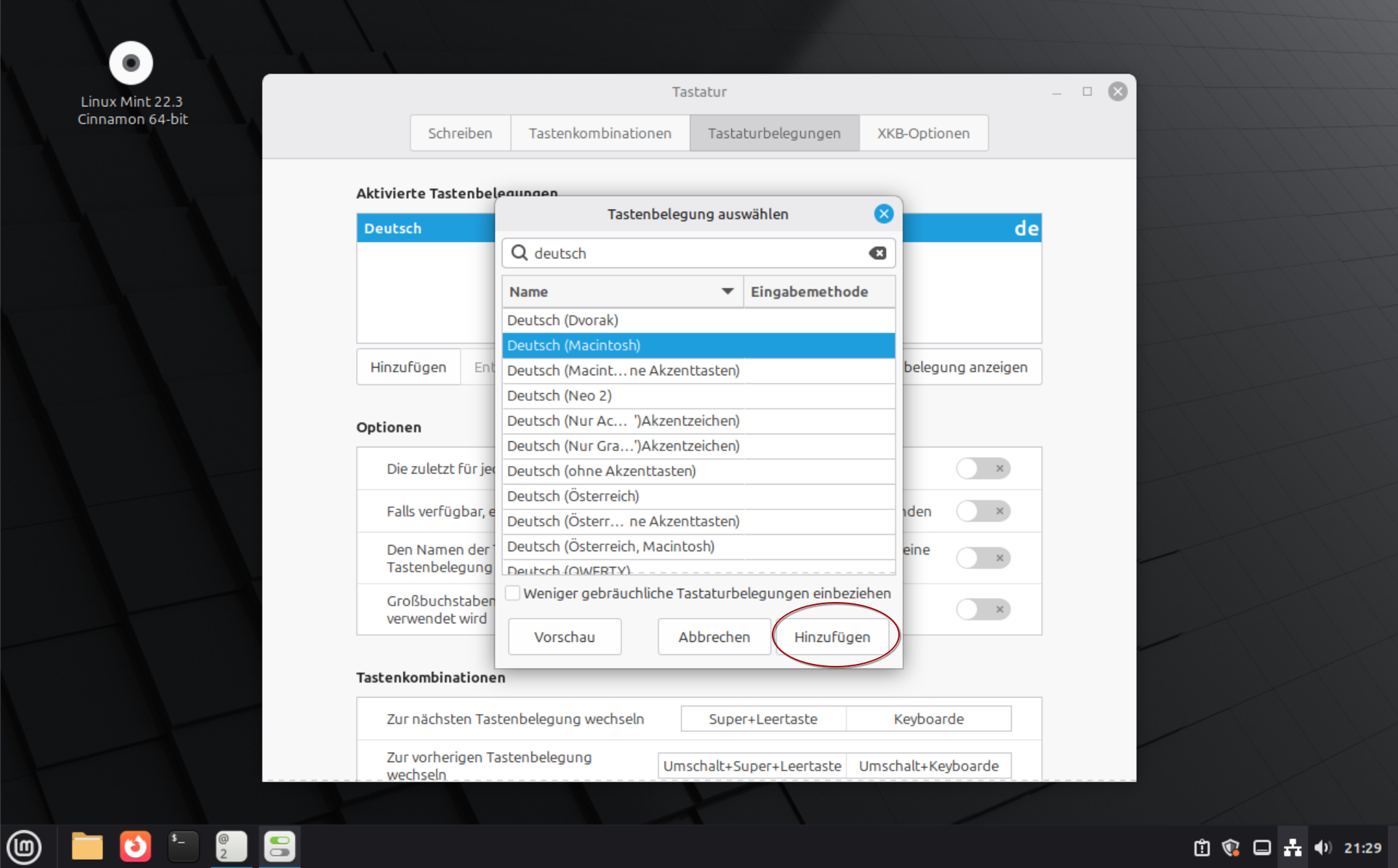 Eine Suchmaske für Tastaturbelegungen die über dem zuvor genannten Programm schwebt. Im Suchfeld wurde &ldquo;deutsch&rdquo; eingegeben. Das Wort hinzufügen ist mit einer roten Ellipse umrandet