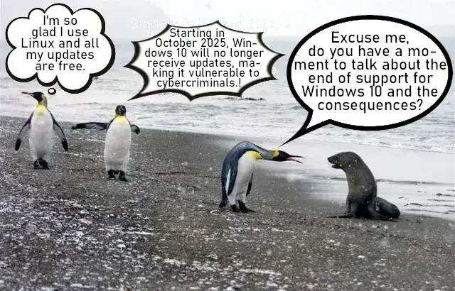 TUX weist auf das Ende von Windows 10 hin. /tux.win10.meme.webp